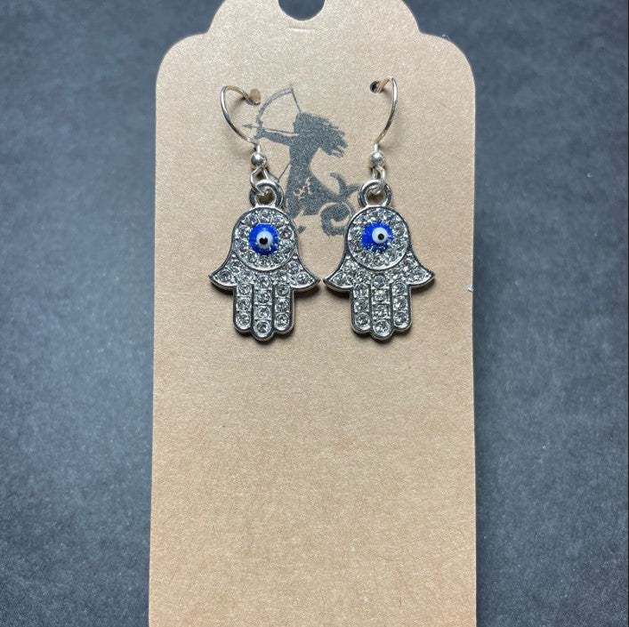 Silver Rhinestone Blue Evil Eye Hamsa Dangle Earrings