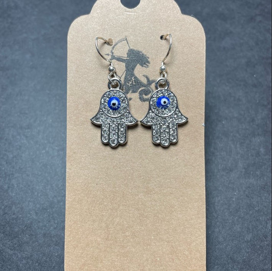 Silver Rhinestone Blue Evil Eye Hamsa Dangle Earrings