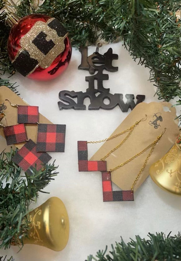 Red and Black Plaid Gold Chain Dangle Earrings