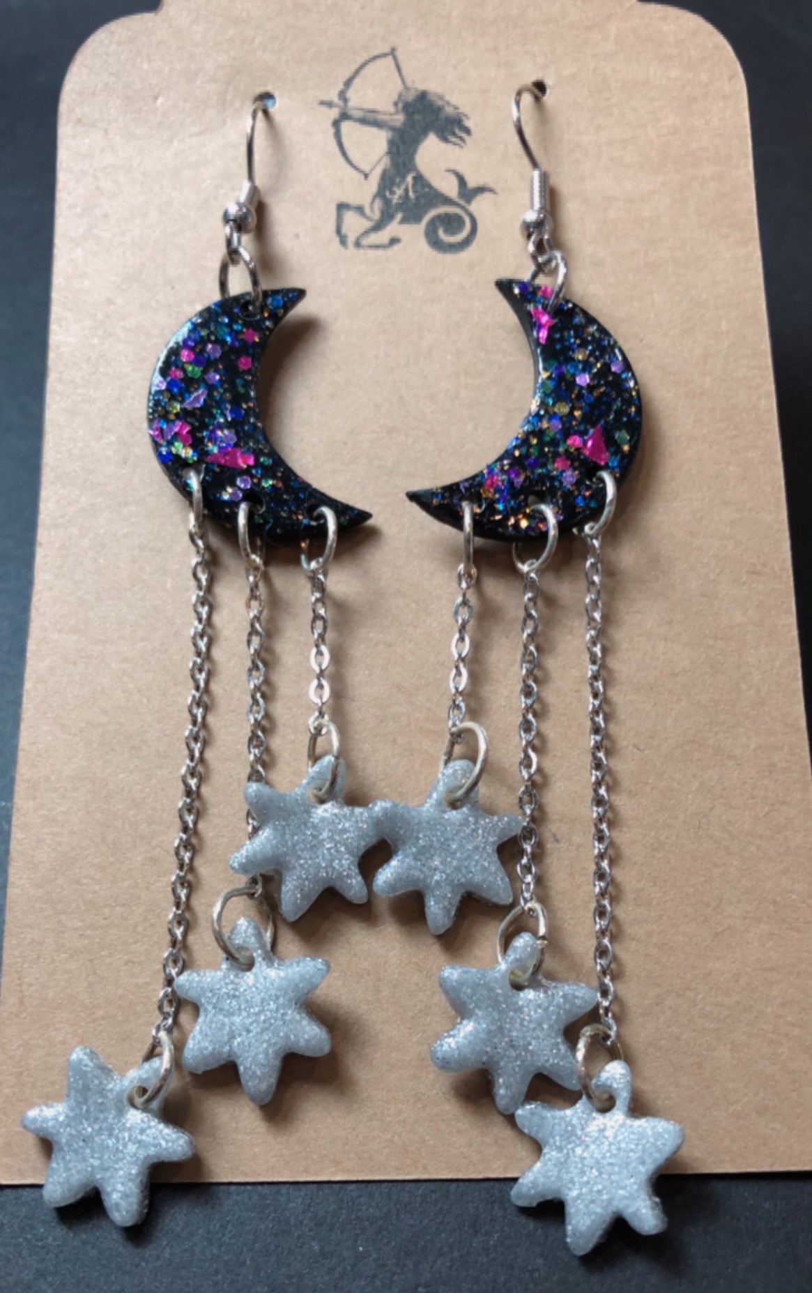 Sparkly Balck Purple Speckled Moon Silver Star Chain Dangle Earrings