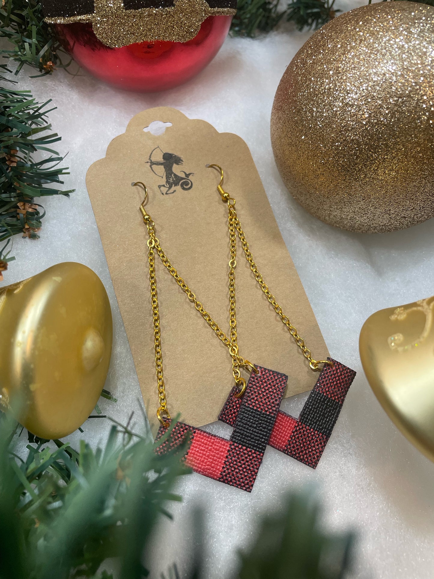 Red and Black Plaid Gold Chain Dangle Earrings