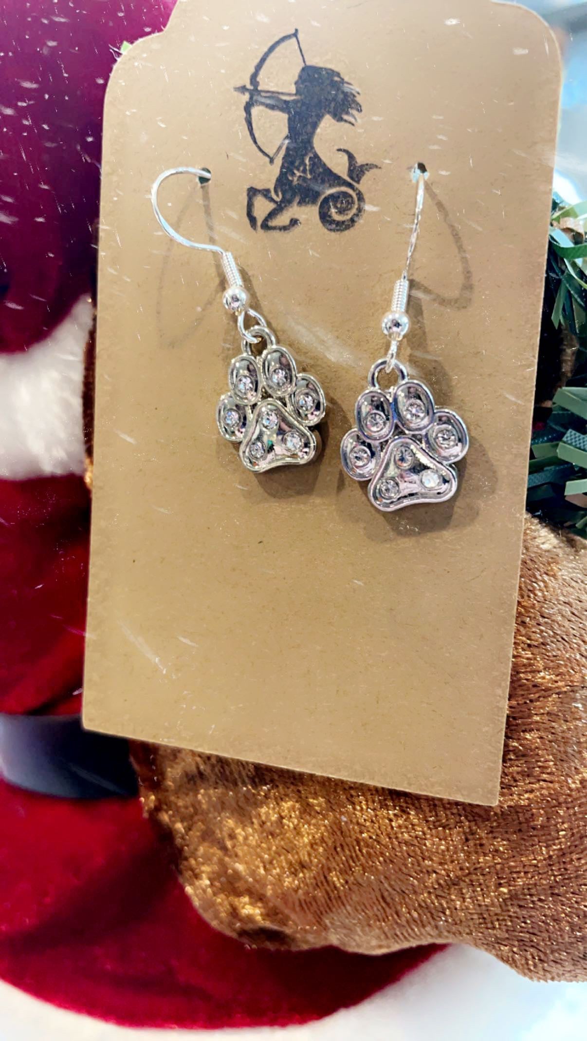 Silver Rhinestone Paw Dangle Earrings